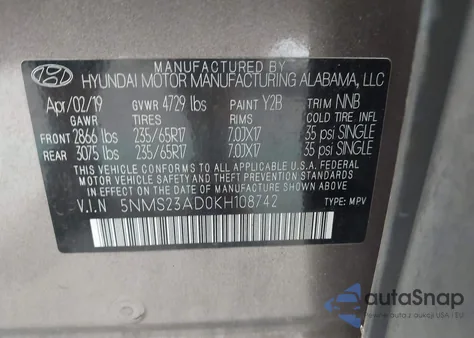 2019 Hyundai Santa Fe Se from USA, damaged, VIN 5NMS23AD0KH108742